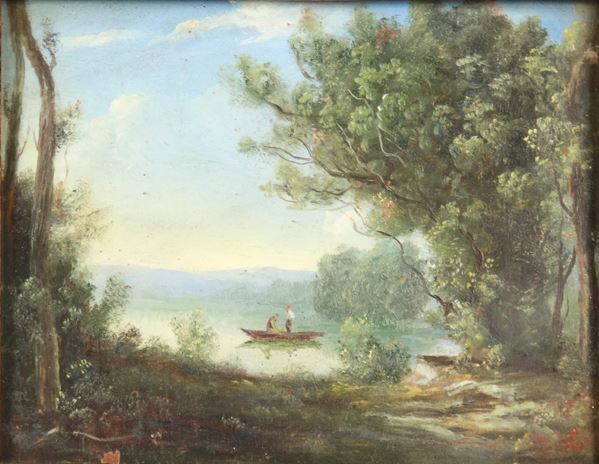 Scuola Italiana Fine XIX Secolo - &quot;Landscape with a view of a lake, fishermen and trees&quot;, small oil painting on pressed cardboard, gilded and white lacquered frame