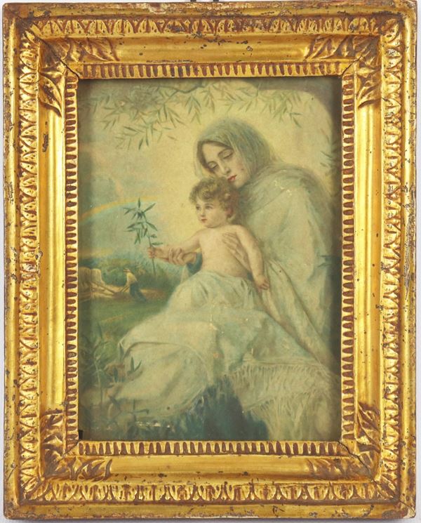 Scuola Italiana Epoca Liberty - &quot;Mother with little son&quot;, small oil painting on paper applied to cardboard, antique gilded wooden frame