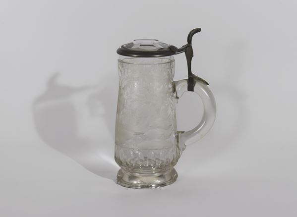 German beer mug, engraved and worked glass with pewter lid