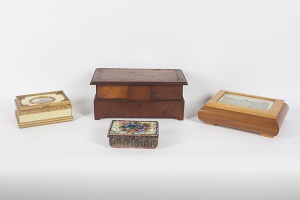 Lot of a chest and three wooden and ceramic jewelry boxes, different sizes and shapes (4 pcs)