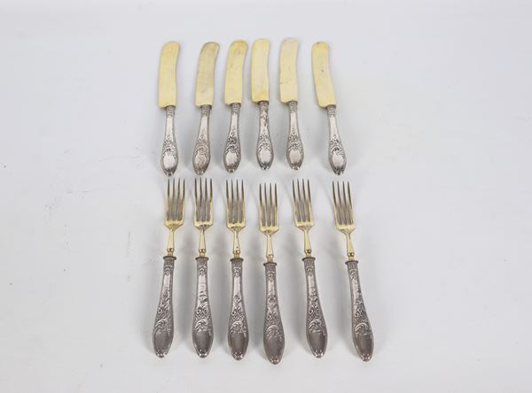 Antique dessert cutlery set with chiseled and embossed silver handles (12 pcs)