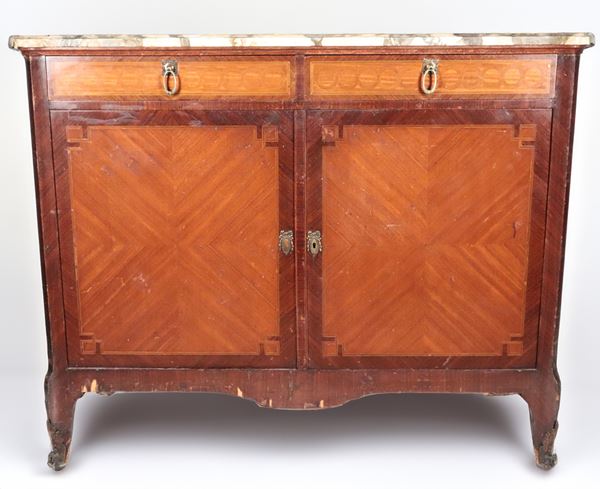 French sideboard in mahogany, rosewood and purple ebony, two drawers with two doors underneath and a white brecciated marble top