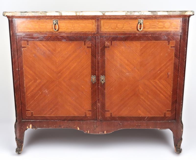 Credenza francese in mogano, bois de rose ed ebano viola, due tiretti con due sportelli sottostan...