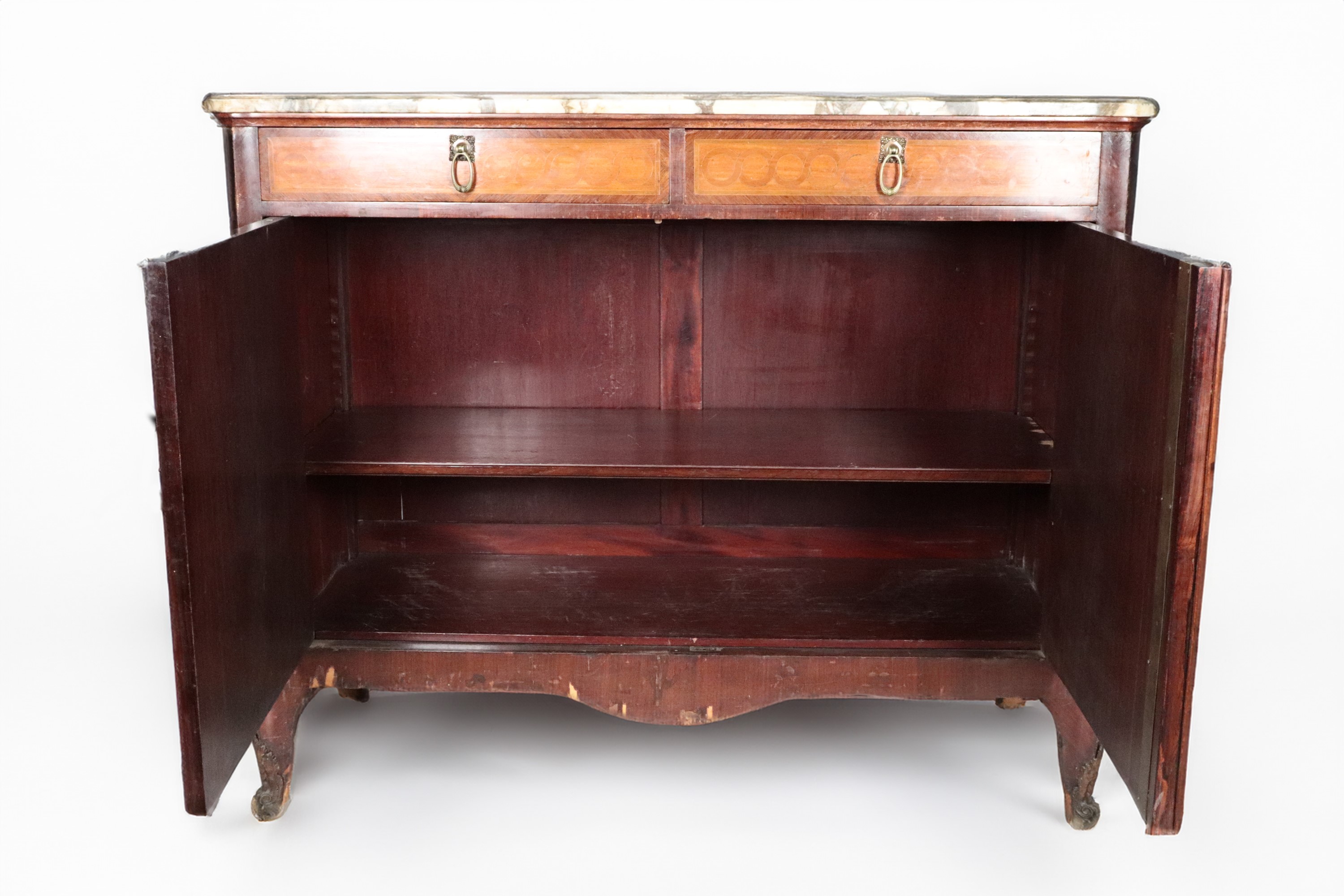 Credenza francese in mogano, bois de rose ed ebano viola, due tiretti con due sportelli sottostan...