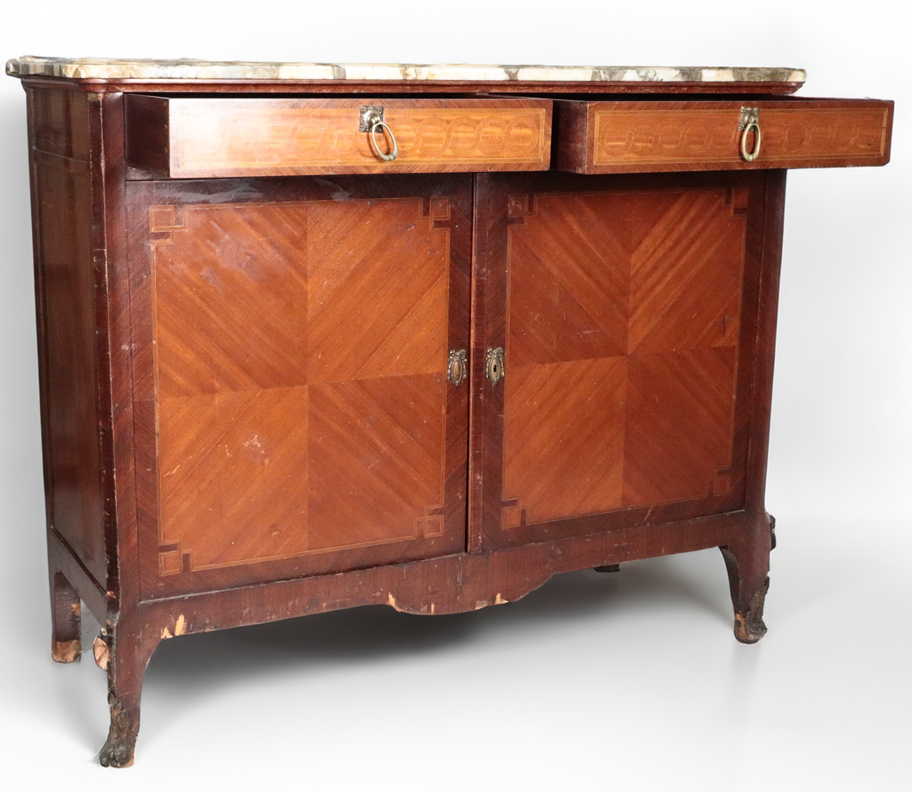 Credenza francese in mogano, bois de rose ed ebano viola, due tiretti con due sportelli sottostan...