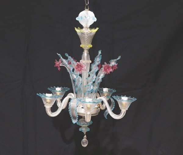 Murano blown glass chandelier with pink and light blue flowers and leaves, 5 lights. The chandelier is missing a flower and has two small defects