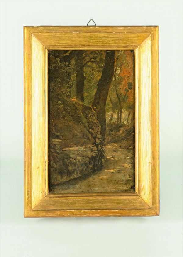 Pittore Italiano XIX Secolo - &quot;Bosco con ruscello&quot;