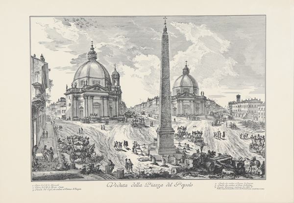 &quot;View of Piazza del Popolo&quot;, print on paper in walnut frame and passepartout