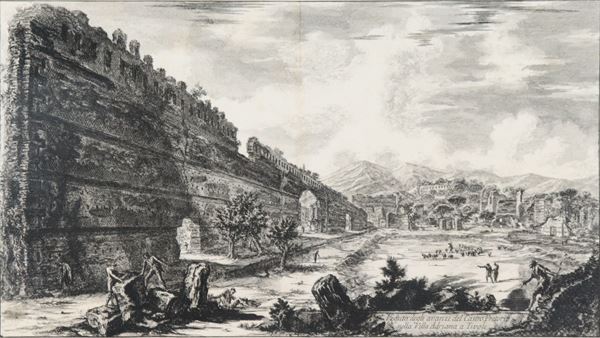 Giovanni Battista Piranesi - "Veduta della Villa Adriana a Tivoli", antica incisione su carta in cornice in legno argentato e passepartout