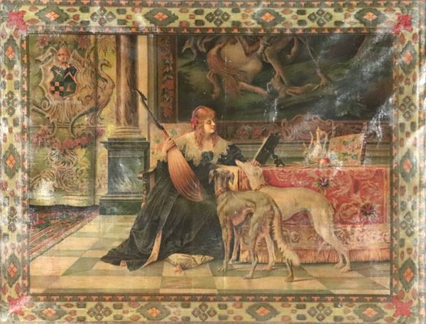 Scuola Francese Epoca Liberty -  &quot;Lady with mandola and greyhounds&quot;, oil painting on canvas in a gilded and carved frame, defective. The painting has a small old restoration