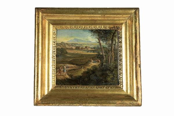 Pittore Italiano Fine XVIII - Inizio XIX Secolo - &quot;Landscape with a view of the village and wayfarers&quot;