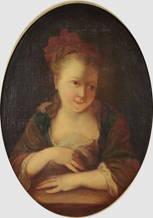 Scuola Veneta XVIII Secolo - &quot;Portrait of a young girl&quot;, oval shaped oil painting in gilded wooden frame