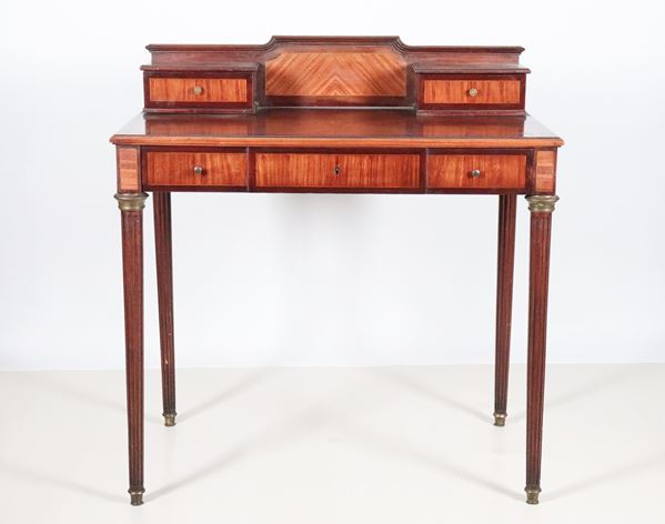 Antique small French Napoleon III wall desk, in mahogany, rosewood and purple ebony, with a two-drawer top, three drawers underneath and four fluted cone legs