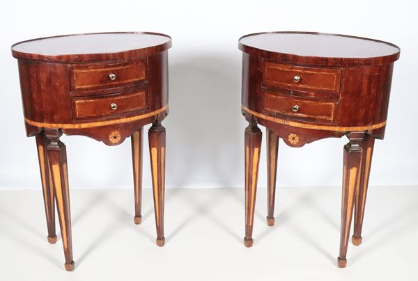 Pair of oval drum-shaped bedside tables in walnut, with boxwood and satin wood inlays, two drawers and four inverted pyramid-shaped legs each