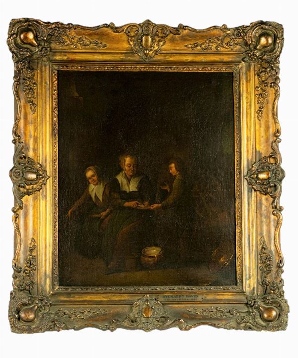 Pittore Fiammingo Fine XVII Secolo - &quot;Interno di cucina con famigliola&quot;