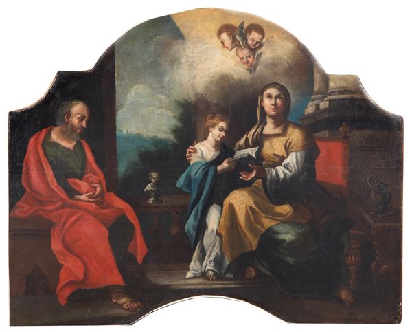 Scuola Bolognese Fine XVII Secolo - &quot;Saint Joachim and Saint Anne instructing the Virgin&quot;, oil painting on oval-shaped canvas. The painting has some old restorations