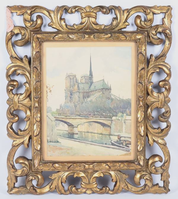 Scuola Francese Fine XIX Secolo - &quot;Along the Seine&quot;, bright watercolour on paper in a gilded, carved and perforated wooden frame, the frame has some small defects