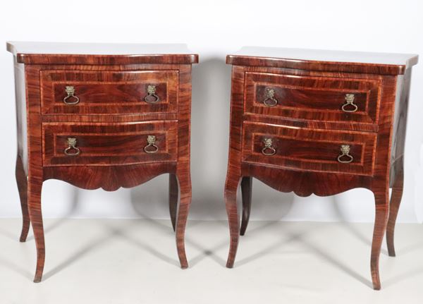 Pair of Louis XVI style bedside tables in walnut, with rosewood inlaid fillets, two drawers and four curved legs each