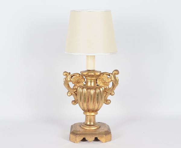 Palm tree in gilded wood and carved with Louis XV motifs, transformed into a lamp