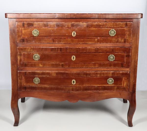 Walnut Roman chest of drawers in Louis XVI style, with inlaid fillets, three drawers, bronze handles and four curved legs