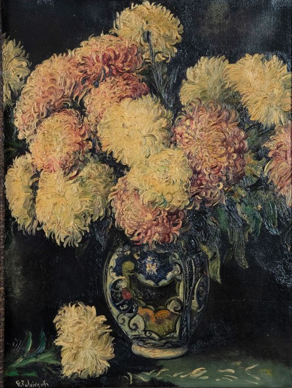 Rosario Pulvirenti - &quot;Vase with bunch of chrysanthemums&quot;. Signed.
