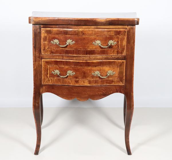 Louis XV walnut bedside table with boxwood inlays, two drawers and four curved legs