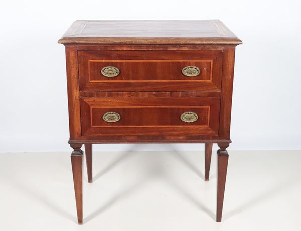 Louis XVI style bedside table in walnut with boxwood fillets, two drawers and four inverted pyramid shaped legs