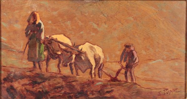 Pittore Italiano XX Secolo - Signed. &quot;Peasants Plowing the Field&quot;, small oil painting on board in a walnut and gilded frame