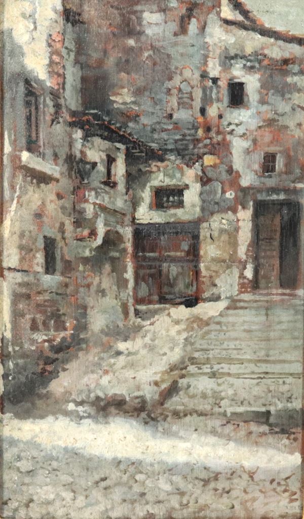 Scuola Italiana XX Secolo - &quot;Corner of the village with staircase&quot;, small oil painting on board in a walnut and gilded frame