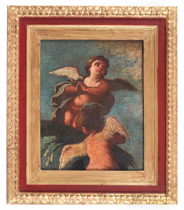 Scuola Bolognese Fine XVIII Secolo - "Angioletti in gloria", piccolo dipinto ad olio su tela in cornice in legno dorato e laccato rosso