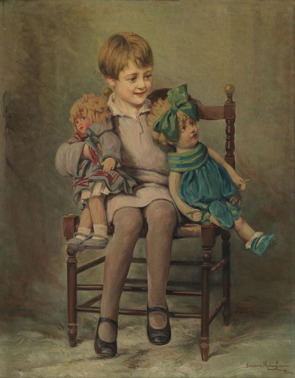 Corinna Modigliani - &quot;Bambina sulla seggiola che gioca con le bambole&quot;. Firmato.