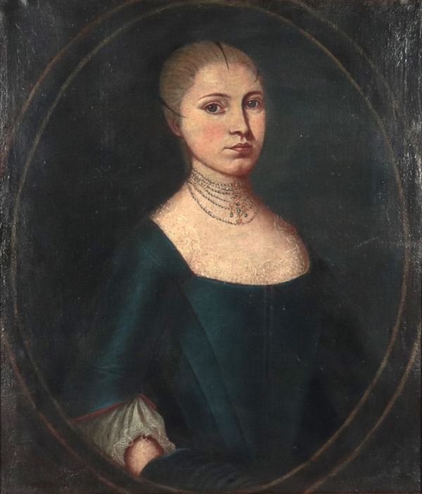 Scuola Francese Inizio XIX Secolo - &quot;Portrait of a noblewoman with a pearl necklace&quot;, oil painting on canvas in a fruitwood frame