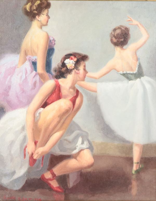 Pittore Europeo XX Secolo - Signed. &quot;The Ballerinas&#39; Rehearsals&quot;, bright oil painting on canvas, walnut frame