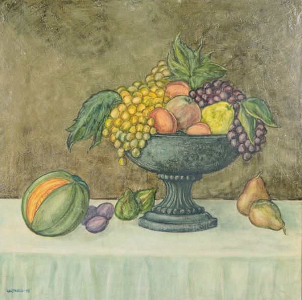 Pittore Italiano XX Secolo - Signed and dated 1995. &quot;Still life with cup and fruit&quot;, oil painting on canvas in gilded wooden frame