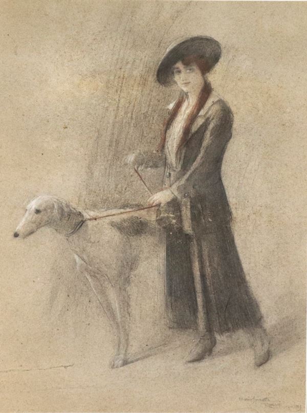 Pittore Italiano Inizio XX Secolo - Signed and dated 1915. &quot;Portrait of a young noblewoman with a greyhound&quot;, pastel and pencil drawing on paper in a decorated frame and passepartout