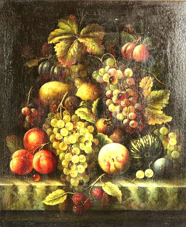 Scuola Italia Centrale XX Secolo - &quot;Still Life of Fruit&quot;, oil painting on canvas in gilded wooden frame