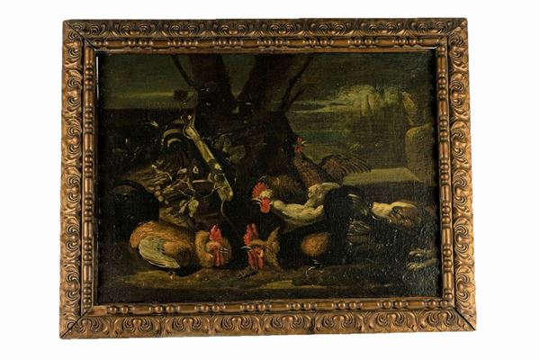 Pittore Italiano Fine XVII Secolo - &quot;Natura morta con galli, cane e vasellame&quot;