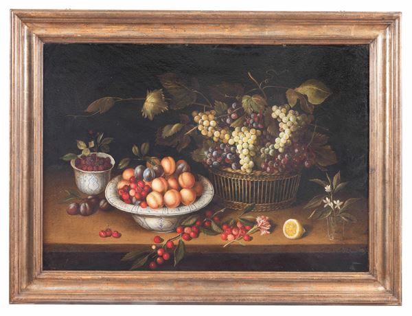 Scuola Lombarda Inizio XX Secolo - "Natura morta di frutta con cesto e vasellame", dipinto ad olio su tela, cornice in legno dorato