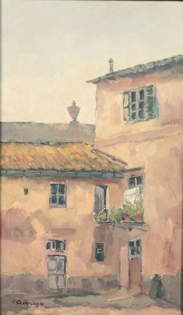 Giancarlo Carmignani - Firmato. "Scorcio di cortile", piccolo dipinto ad olio su tavoletta in cornice in legno dorato