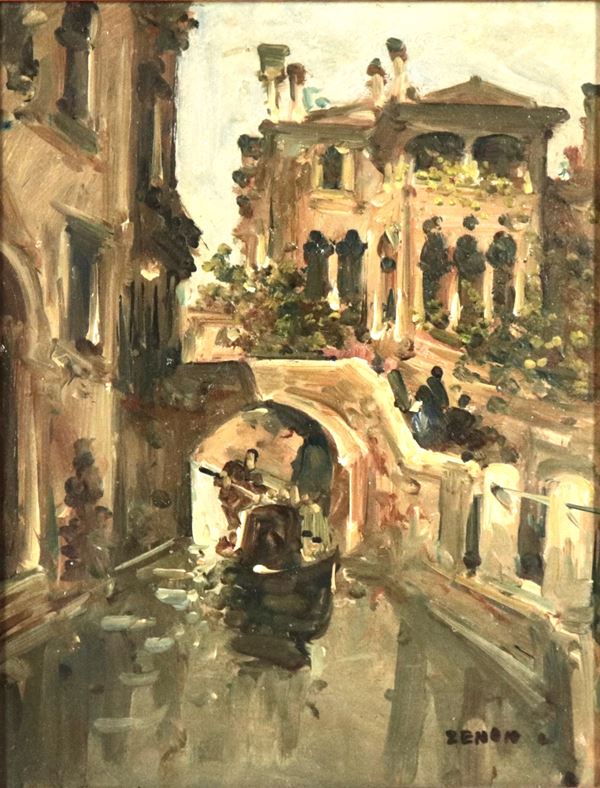 Pittore Veneto Inizio XX Secolo - Signed. &quot;Calle a Venezia con gondoliere&quot;, small oil painting on canvas in walnut frame and gilded wood passepartout