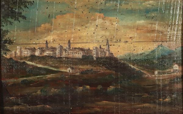 Scuola Nord Italia Inizio XIX Secolo - "Paesaggio con veduta di città", piccolo dipinto ad olio su tavola in cornice in legno con profili dorati. La tavola presenta difetti