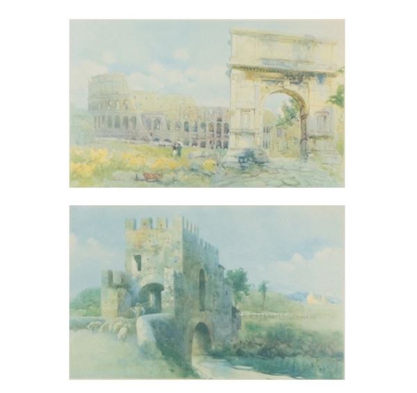 Scuola Romana Met&#224; XIX Secolo - "Ponte Nomentano con pastore e gregge" e "Colosseo con viandanti", coppia di piccole stampe in cornicette in legno dorato e intagliato e passepartout