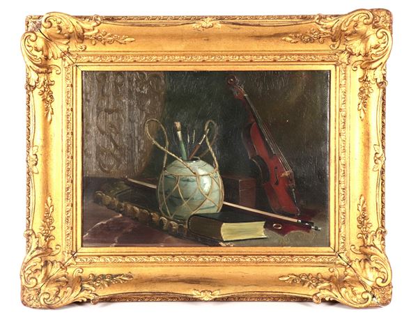 Scuola Italiana XIX Secolo - &quot;Still Life with Violin, Vase and Brushes&quot;, oil painting on canvas in a gilded and carved wooden frame