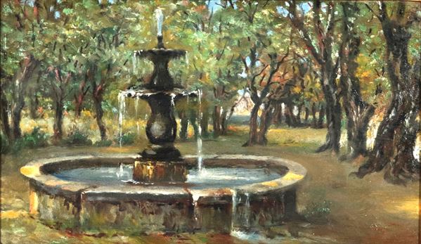 Scuola Italiana Inizio XX Secolo - &quot;Fountain at Villa Borghese&quot;, small oil painting, walnut frame and passepartout