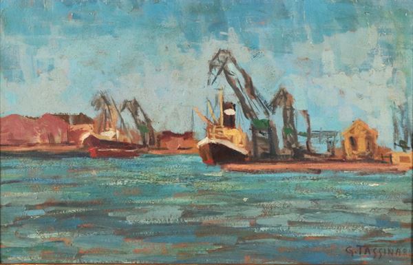 Gino Tassinari - Firmato. "Scorcio del porto di Livorno", piccolo dipinto ad olio su compensato, cornice in noce 