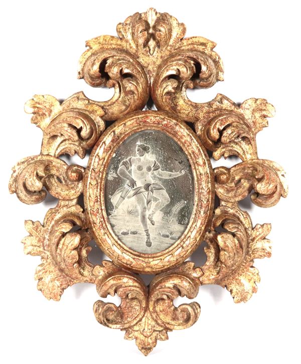 Antique small gilded wooden frame carved with acanthus leaf interlacing motifs, antique mercury mirror with &quot;Diana the Huntress&quot; engraved in the centre