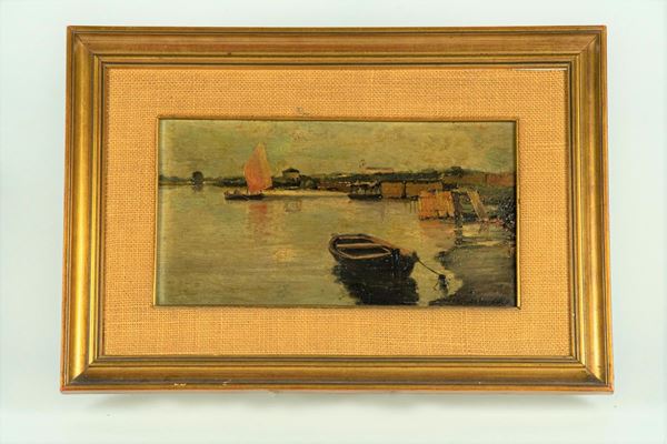 Pittore Italiano Fine XIX Secolo - &quot;View of a small lake with fishing boats&quot;. Signed.