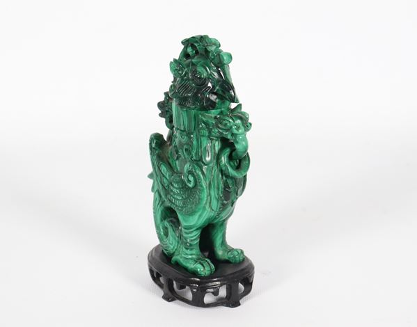 Chinese incense burner in hard malachite stone depicting &quot;Exotic Bird&quot;, teak base