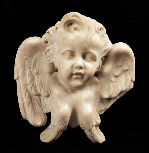 &quot;Head of an angel&quot;, marble sculpture, modern base in silver metal