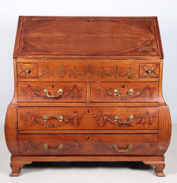 Antique English satinwood drop-leaf desk, with painted decorations in Louis XVI bow and cord motifs, a drop-leaf desk with compartments and drawers inside, four drawers underneath and four legs. The drop-leaf desk has defects